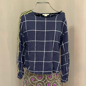 3/4 sleeve navy plaid blouse size M